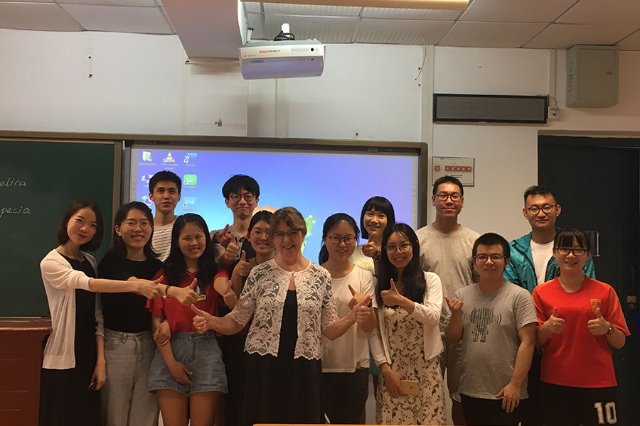 Nancy Ares with Wuhan University students