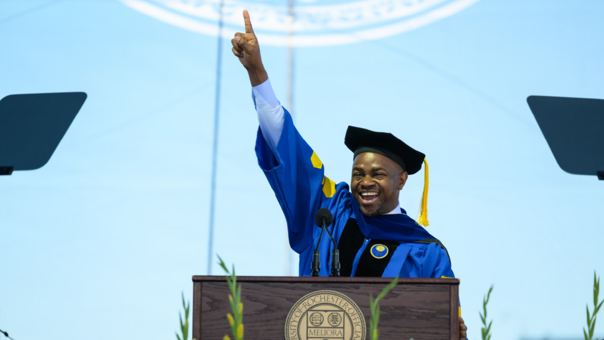 Onesmo Mushi speaking at the University-wide ceremony.