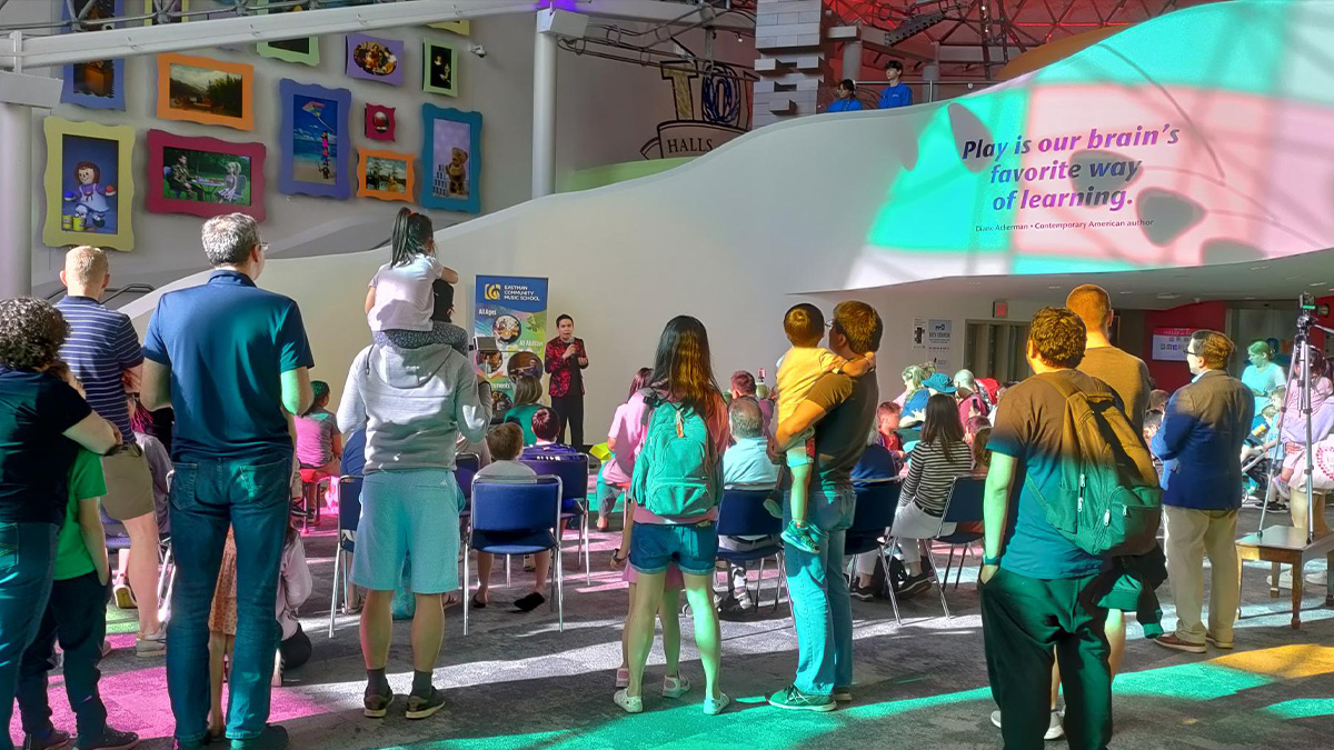 MUSIC AND THE MIND: Eastman School faculty member Lorenzo Medel ’17E, ’19E (MM), ’23E (DMA) performs at The Strong Museum as a part of the Dr. Vivian A. Palladoro Performing Arts Series: Eastman Evenings. (Photo courtesy of the Eastman Community Music School)