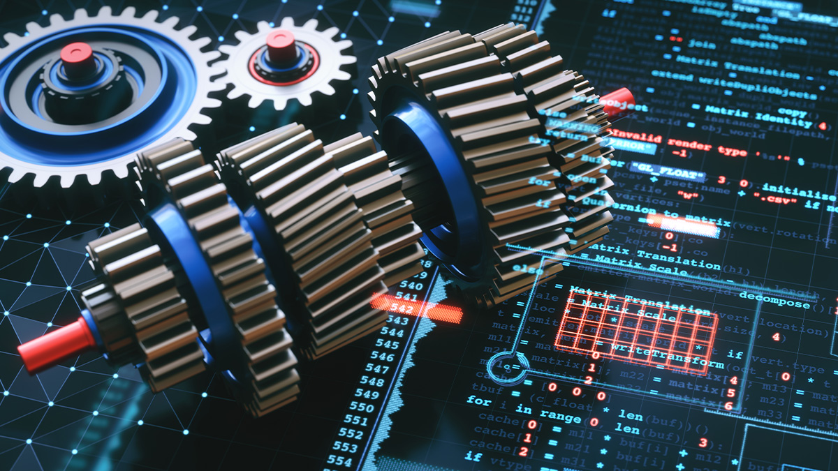 Abstract gearshift engineering mechanism design, development and production concept with gear parts, computer programming language, wire mesh and a digital infographic overlay.