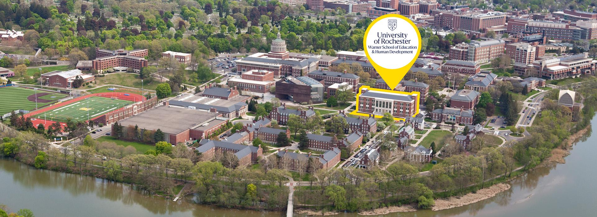 Warner's LeChase Hall highlighted in an aerial view of River Campus