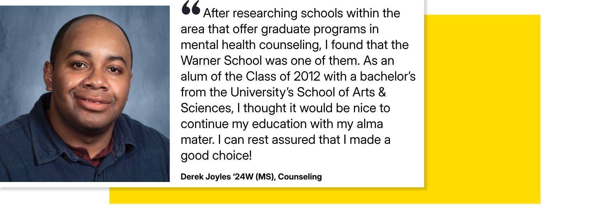 Derek Joyles headshot next to his testimonial