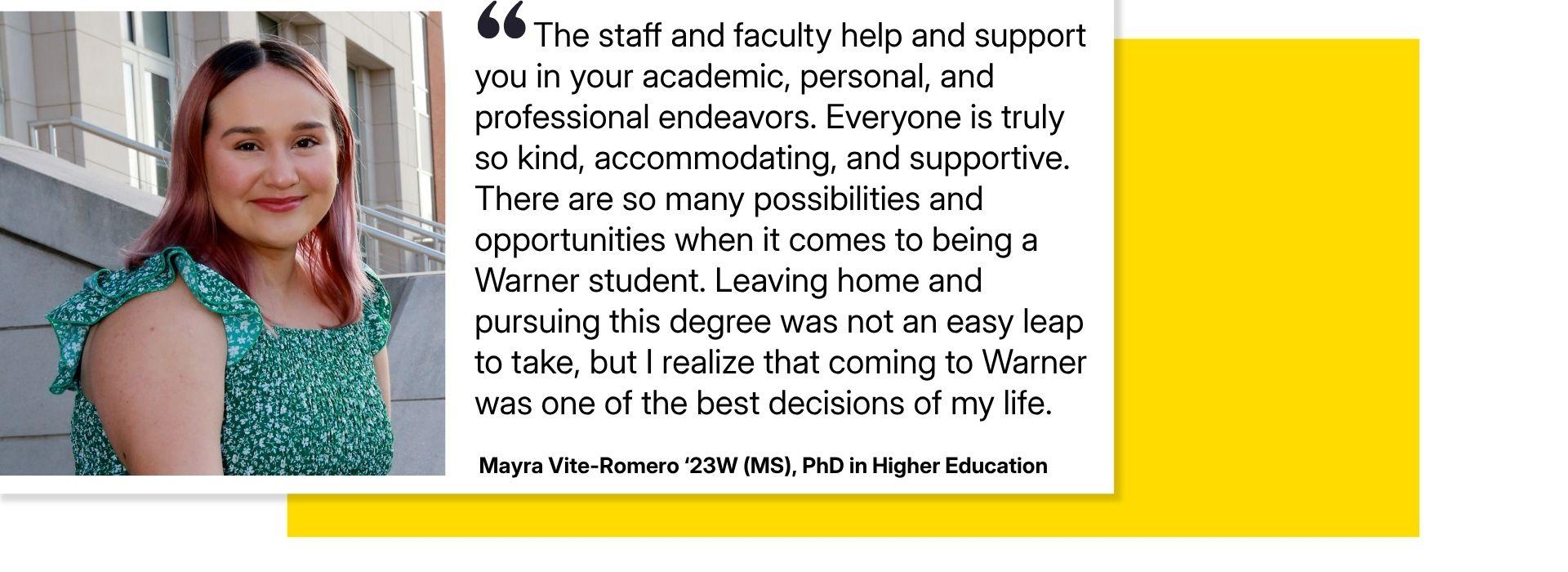 Mayra Vite-Romero headshot next to her testimonial