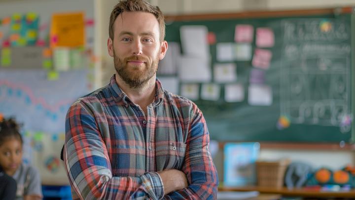 Male teacher with arms folded in a classroom.