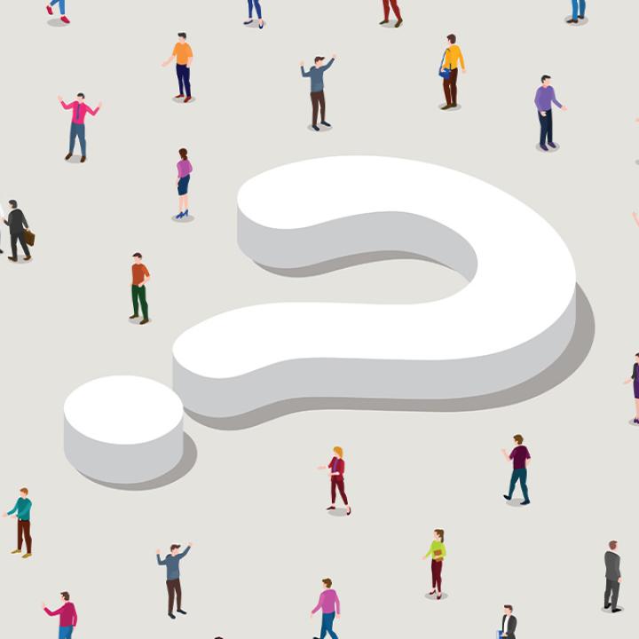 Illustration of people walking around a question mark. 