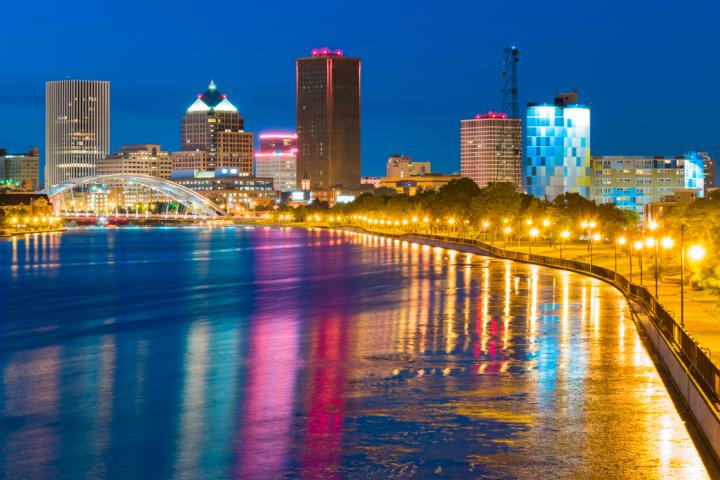 Colorful photo of Rochester skyline