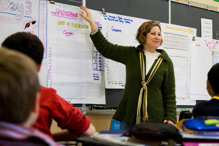 Teacher standing in front of class pointing to papers mounted on the chalkboard